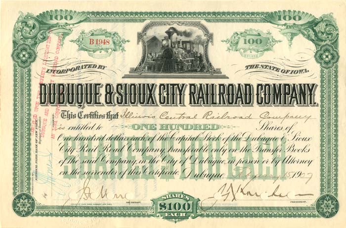 Dubuque and Sioux City Railroad Co. - Stock Certificate